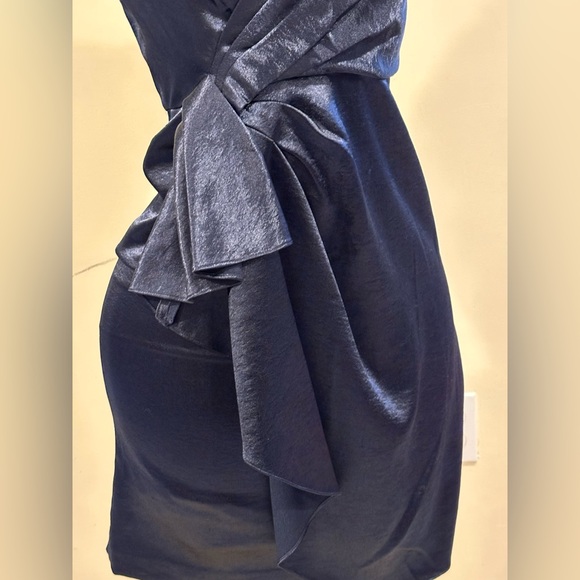 Anne Klien Satin Midnight Blue Midi Draped Cowl Neck Zipper Closure On Side Sz 6 - Picture 5 of 15